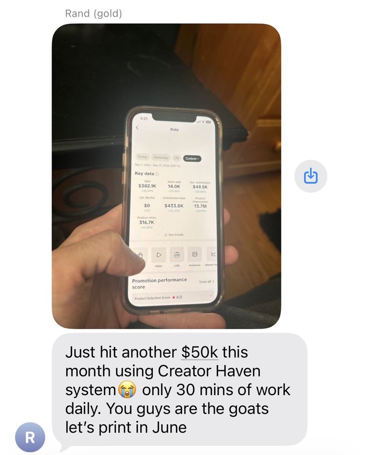 Creator message celebrating another fifty thousand dollar month with Creator Haven