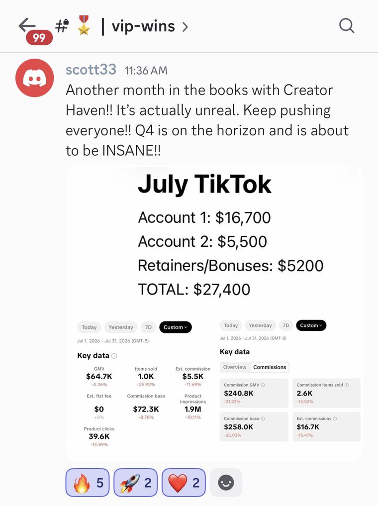 Creator Haven member sharing a twenty seven thousand four hundred dollar July result